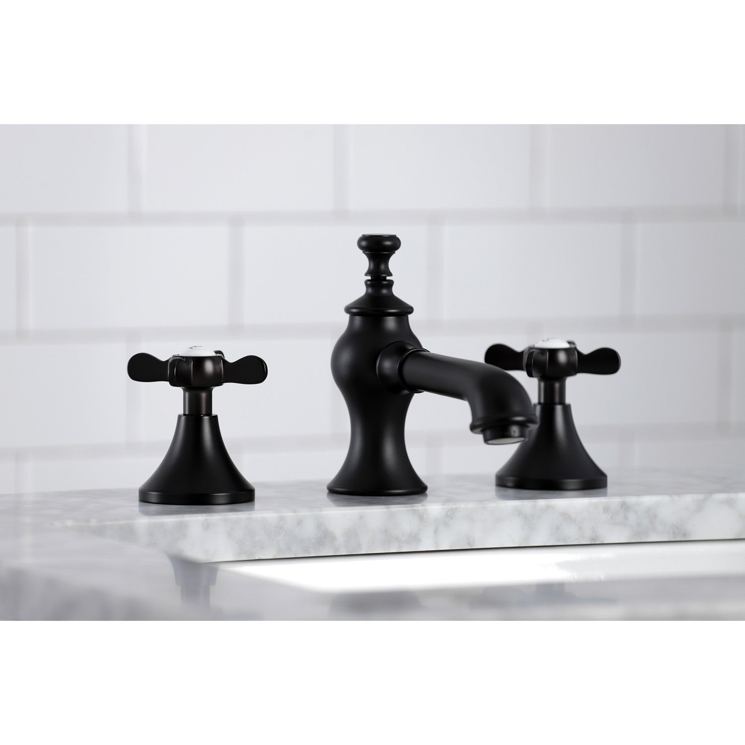 Kingston Tulare KC7060BEX - Essex Two-Handle 3-Hole Deck Mount Widespread Bathroom Faucet with Brass Pop-Up, Matte Black — thumbnail 3